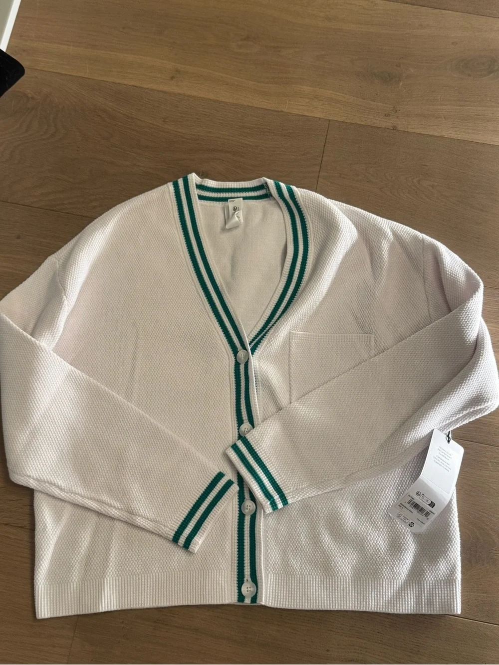 Alo White Tennis Dress and sweater with Green Stripe Trim